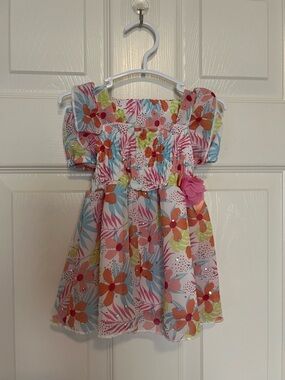 12M Girls Floral Puff-Sleeve Summer Dress - Pink Multi